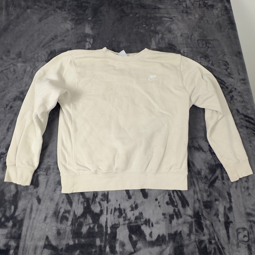 Nike Crewneck Sweatshirt Mens Small‎ Cream Fleece Pullover Embroidered Logo